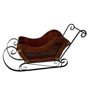 Christmas Holiday Vintage Wood/Wrought Iron Santa Sleigh Brown/Black/Brass EUC